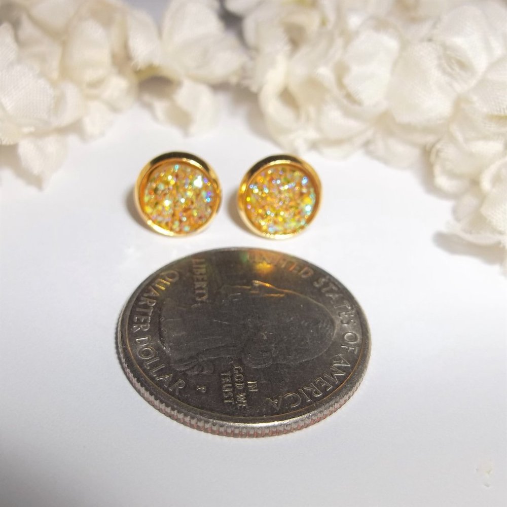Earring Set Yellow and Gold Druzy Style Post Stud Small Minimalist Jewelry A148 - Picture 3 of 7